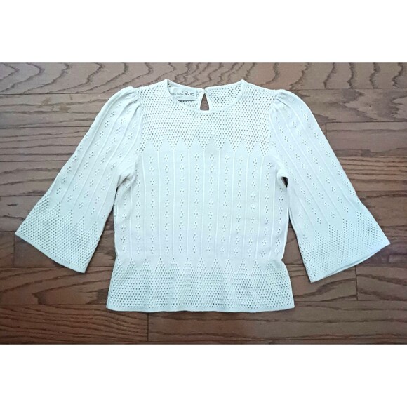 VTG Oscar de la Renta Ivory Pointelle Knit Top 3/4 Sleeve Sz S Made in USA - Picture 1 of 8